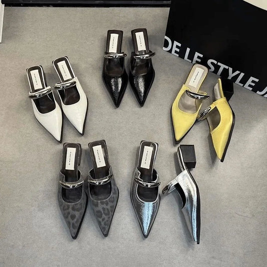 2026 New Women Cover Toe Mules Slippers Fashion Metal Decoration Thick Heel Slide Shoes Comfort Street Style Footwear