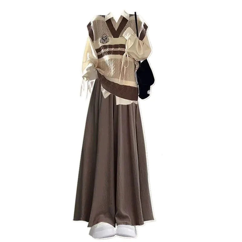 2024 Autumn/Winter New Korean College Style Knitted Vest Shirt Two Piece Set Loose Pants Skirt Three Piece SetWomen's Skirt Pant