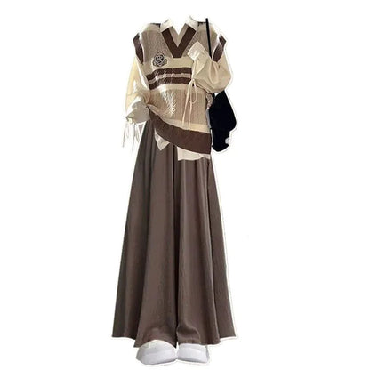 2024 Autumn/Winter New Korean College Style Knitted Vest Shirt Two Piece Set Loose Pants Skirt Three Piece SetWomen's Skirt Pant