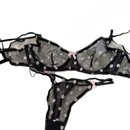 Polka Dot Lace Embroidery Bra Set Soft Underwire Ultra Thin No Padding See Through Mesh Push Up Lingerie For Young Girls Daily