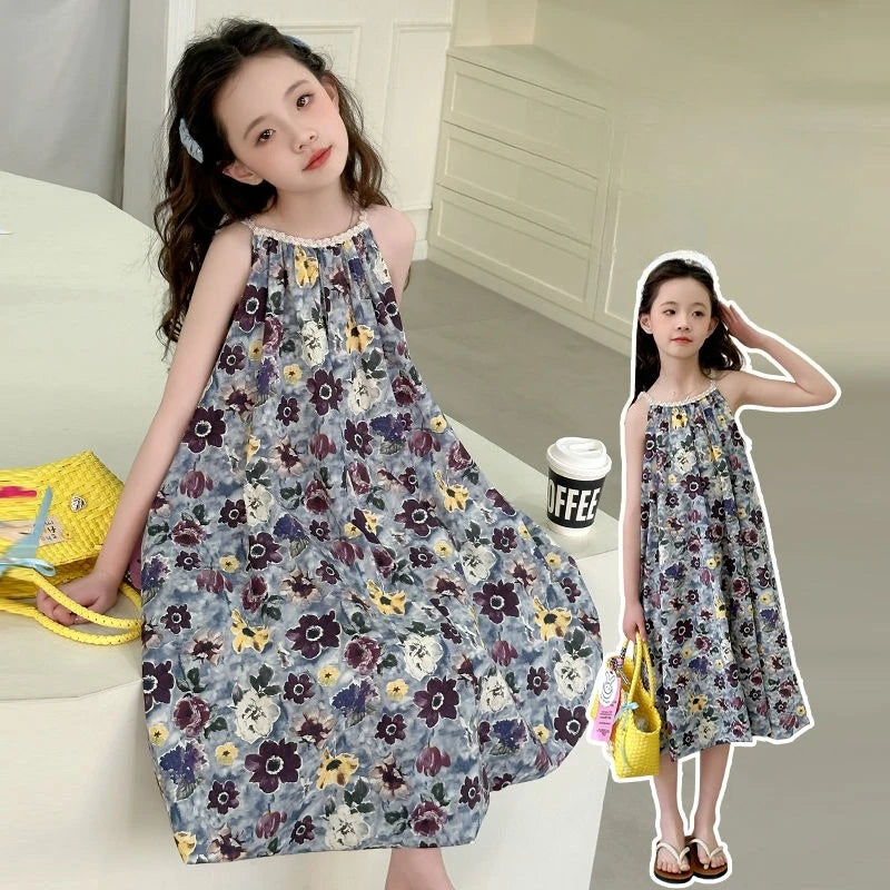 Floral Sleeveless Strappy Sundress Trendy Girls Party Dress Girl Cotton Linen Girls' Princess Summer Little Clothes Dresses Kids