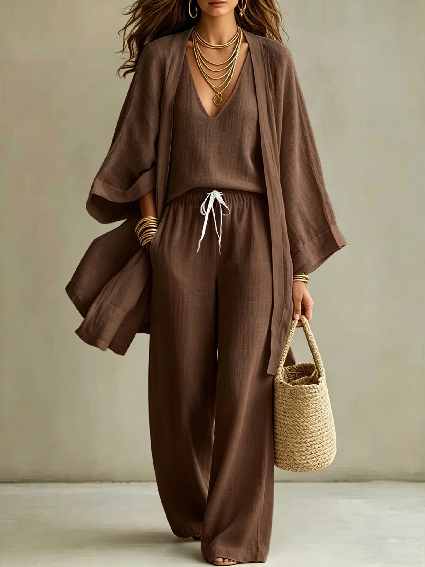 Women Fashion 3-Piece Set Open Front Cardigan Wide Sleeves Matching V-Neck Vest Drawstring Waist Wide Leg Pants Casual Outfit