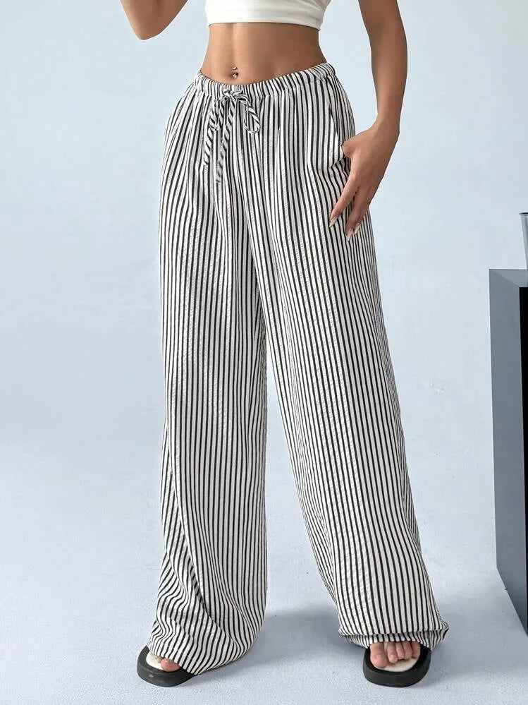 2025 Autumn New Cross border Women's Fashion Loose Striped Drawstring Elastic Waist and Floor Pants from Europe and America