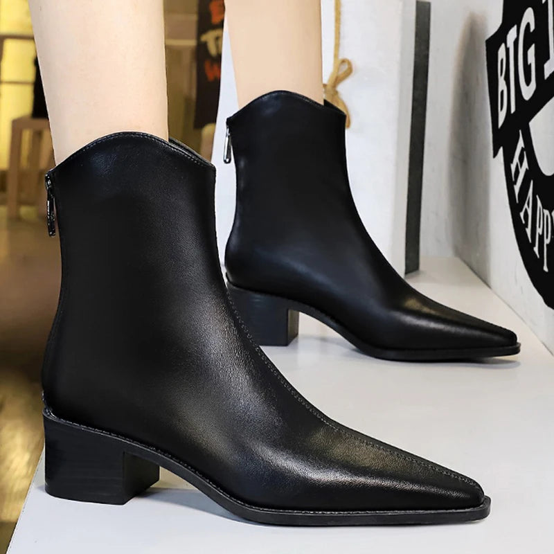 BIGTREE Street Style Designer Vintage Pointed Toe Zipper Women Ankle Boots Autumn Winter Fashion Square Heel Shoes Botas Mujer