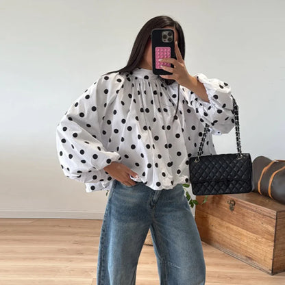 Elegant Vintage Polka Dot Lace Up Shirt for Women Long Lantern Sleeve Backless Loose Blouse Top 2026 Lady Daily Casual Shirts