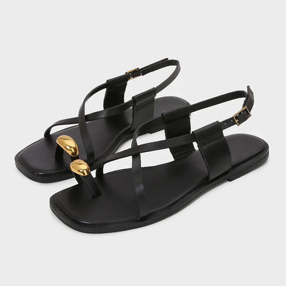 Metal Buckle Decoration Over Toe Flat Sandals Women Fashion Ankle Strap GLADIATOR Sandals Luxury Designer Summer Beach Slippers