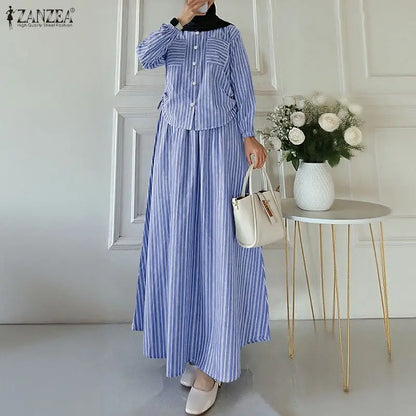 ZANZEA Muslim Hijabs Women's Striped Skirt Suits Long Sleeve Shirt & A-Line Maxi Skirt 2 Pieces Sets Islamic Woman 2pcs Outfits