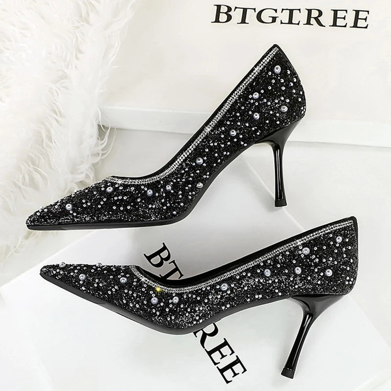 BIGTREE Shoes Temperament High Heels Women Shoes Sequin Beading Women Pumps Stiletto 8 cm Heels Sexy Party Shoes Luxury Pumps