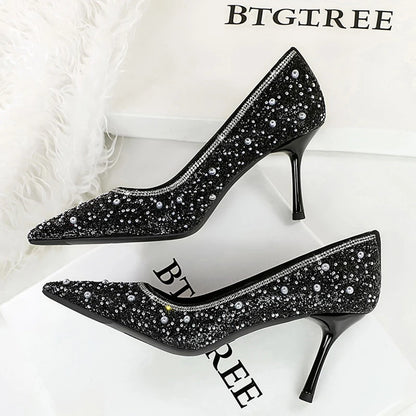 BIGTREE Shoes Temperament High Heels Women Shoes Sequin Beading Women Pumps Stiletto 8 cm Heels Sexy Party Shoes Luxury Pumps