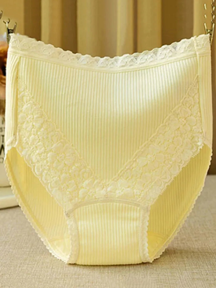 Women High-Waist Cotton Underwear Breathable Seamless Lace Trim Comfortable  Panties