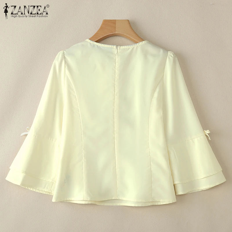 ZANZEA Elegant Woman Princess Seam Short Blouses O-Neck Bow Details 3/4 Flared Sleeves Tops Summer Solid Color Blusas de Mujer
