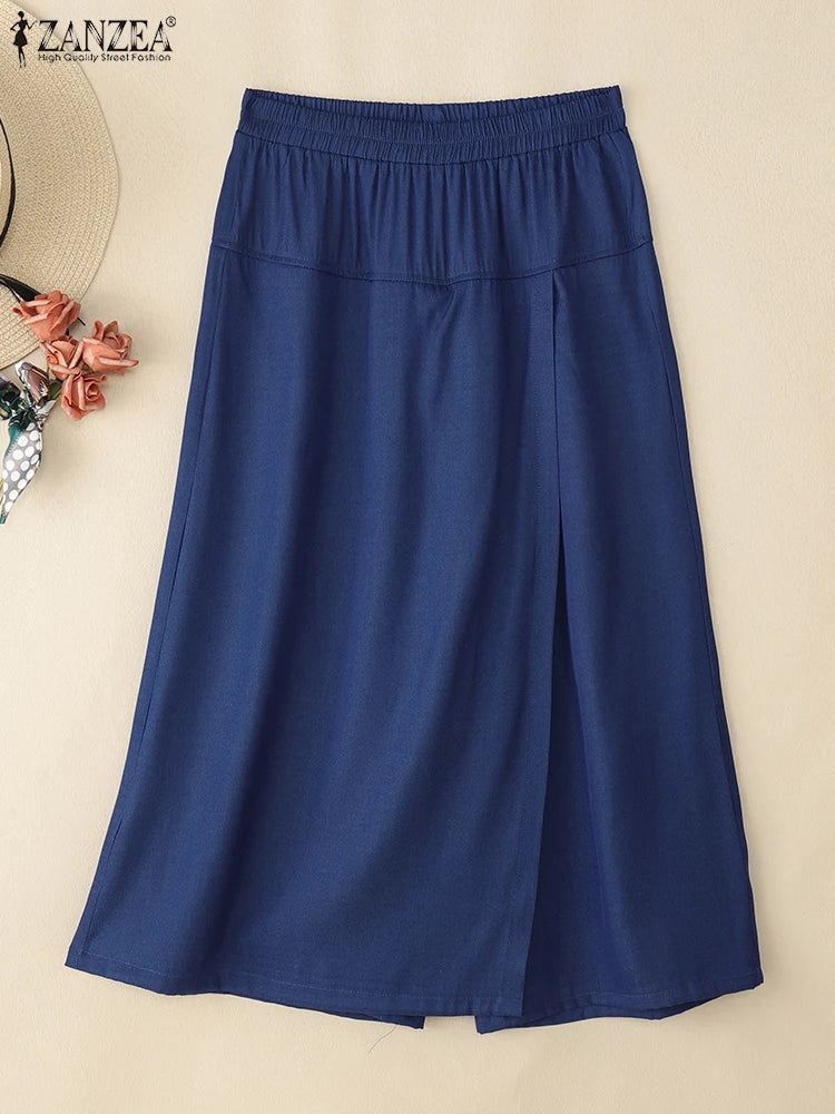 ZANZEA 2025 Fashion Women Skirt Pants Elastic Waist Pantalons Summer Casual High Waist Solid Color Long Trousers Wide Leg Pants