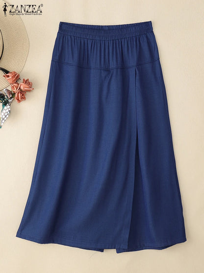 ZANZEA 2025 Fashion Women Skirt Pants Elastic Waist Pantalons Summer Casual High Waist Solid Color Long Trousers Wide Leg Pants