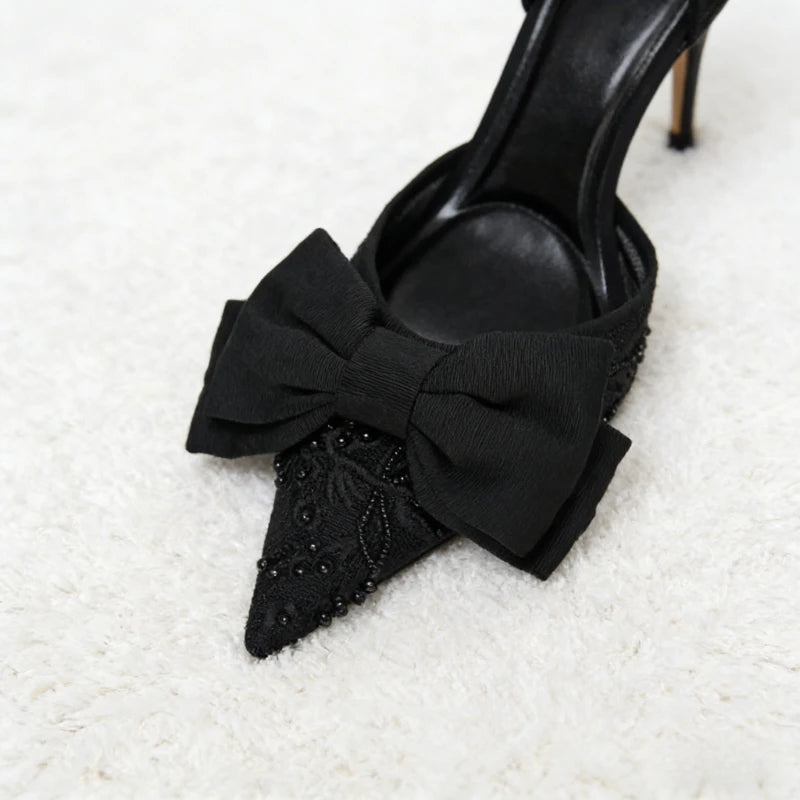 Black Mesh Beaded Decoration Heeled Sandals Women Sexy Pointed Toe Slingbacks Thin High Heels Elegant Bow Designer Women Pumps