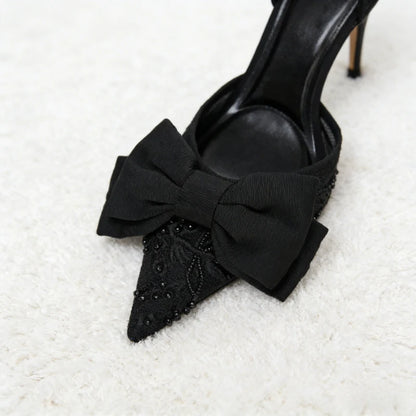 Black Mesh Beaded Decoration Heeled Sandals Women Sexy Pointed Toe Slingbacks Thin High Heels Elegant Bow Designer Women Pumps
