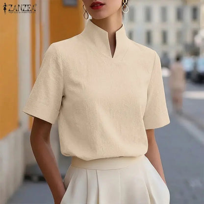 ZANZEA Fashion Cotton Linen Blouses Woman Stand Collar Back Zipper Short Sleeve Solid Tops Summer Minimalist Thin Blusas Mujer