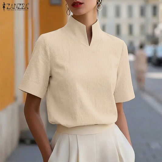 ZANZEA Fashion Cotton Linen Blouses Woman Stand Collar Back Zipper Short Sleeve Solid Tops Summer Minimalist Thin Blusas Mujer