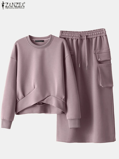 Stylish Autumn Sweatshirts Dress Sets 2025 ZANZEA Spring 2pcs Outfits Women Long Sleeve Hoodies Tops Sundress OL Matching Sets