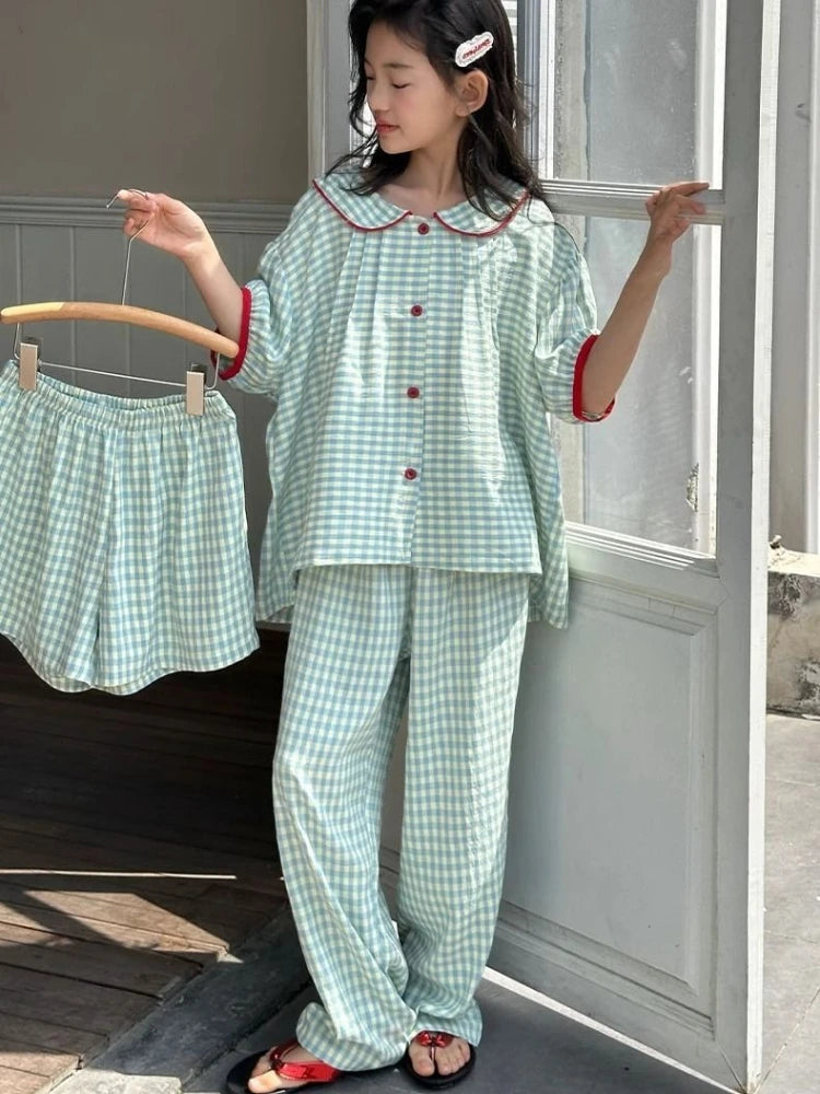 Girls Summer Ice Silk Short Sleeve Loungewear Set with Doll Collar for Home Outdoor and Air Conditioning Wear
