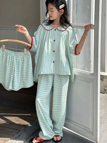 Girls Summer Ice Silk Short Sleeve Loungewear Set with Doll Collar for Home Outdoor and Air Conditioning Wear