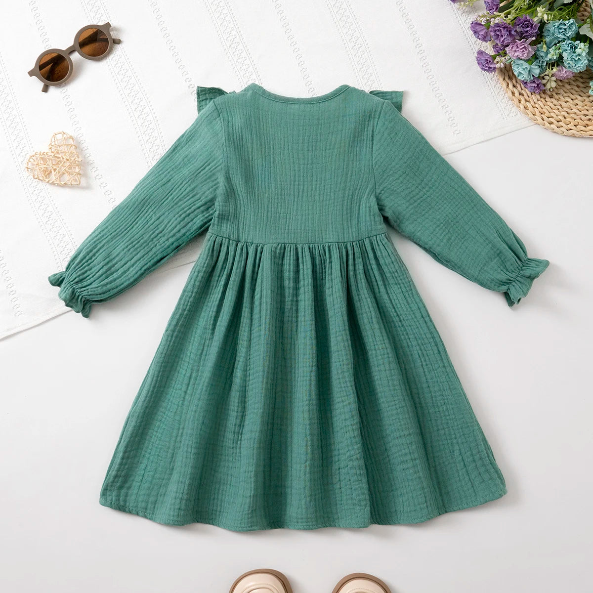 Girls' Long-Sleeve Dress Kids Cotton Skin-Friendly Breathable, Ruffled Shoulder & 3D Button Design, Soft For Party and Gift 3-8Y