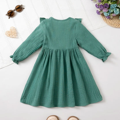 Girls' Long-Sleeve Dress Kids Cotton Skin-Friendly Breathable, Ruffled Shoulder & 3D Button Design, Soft For Party and Gift 3-8Y