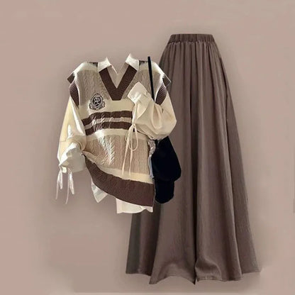 2024 Autumn/Winter New Korean College Style Knitted Vest Shirt Two Piece Set Loose Pants Skirt Three Piece SetWomen's Skirt Pant