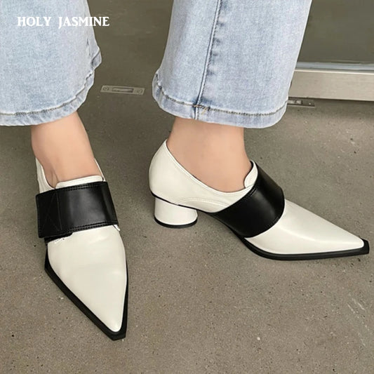 2025 New Dress Office Women Pumps Spring Summer Mature Retro PU Leather Fashion Chain Pointed Toe Thick Heels Shoes Woman