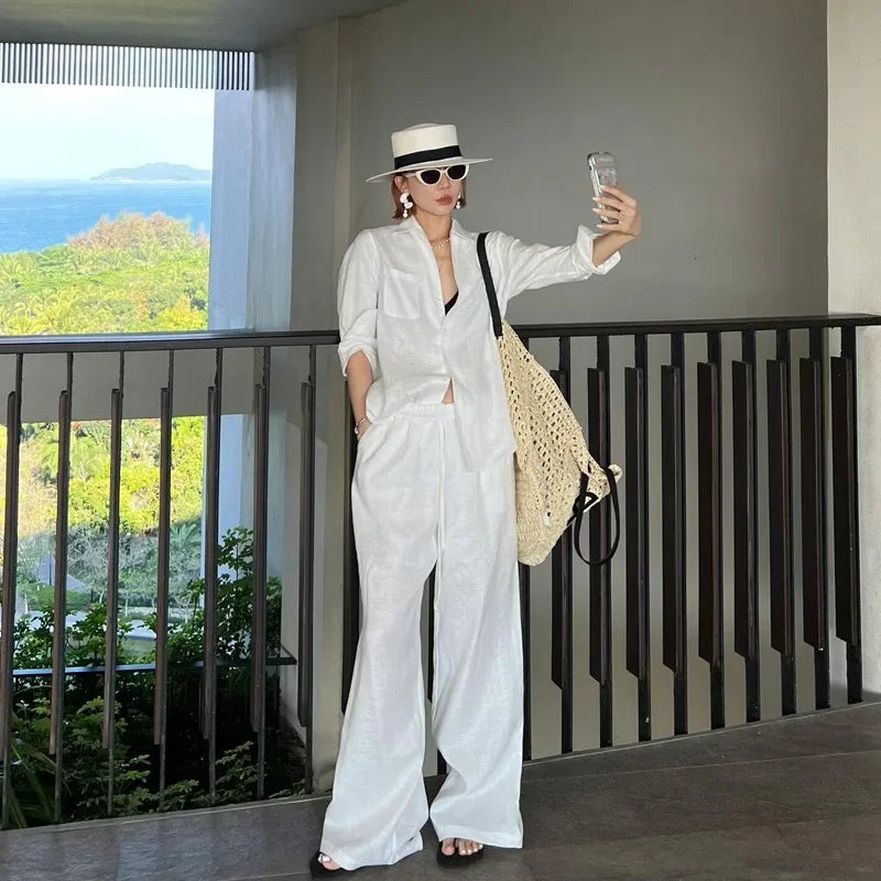 Loose Fit Linen Shirt Set Women Summer Thin Sun Protection Casual Wide Leg Pants Two Piece Suit Comfortable Breathable