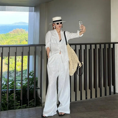 Loose Fit Linen Shirt Set Women Summer Thin Sun Protection Casual Wide Leg Pants Two Piece Suit Comfortable Breathable