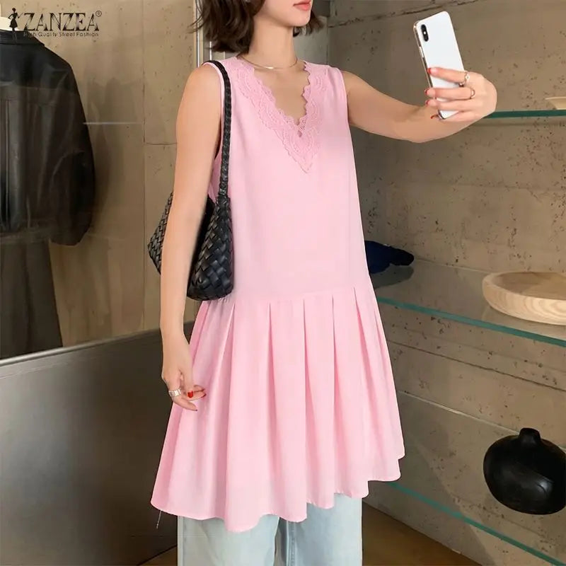 Summer Sleeveless Tops ZANZEA Women Blouses Lace Patchwork V Neck Pleated Blouse Streetwear OL Work Party Blusas Tops Tunic 3XL