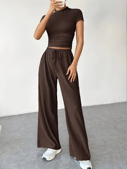 2Pcs/Set Women's Casual Sports Set Spring and Summer Basic Solid Color Slim Lady's Round Neck Short Sleeve Top and Floor Pants