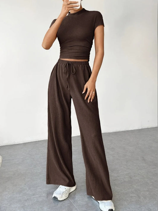 2Pcs/Set Women's Casual Sports Set Spring and Summer Basic Solid Color Slim Lady's Round Neck Short Sleeve Top and Floor Pants