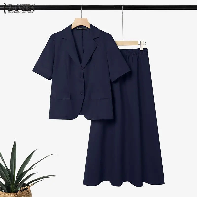 ZANZEA Women Elegant Chic Matching Skirt Sets Lapel Collar Short Sleeve Tops & A-Line Maxi Skirts 2pcs Suits Office Wear Outfits