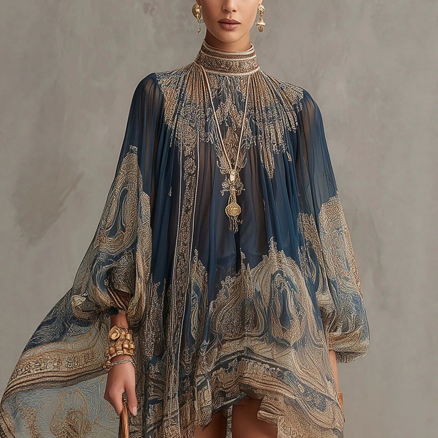 2026 hot  European and American turtleneck printed chiffon dress loose vacation style shawl long-sleeved women's dress