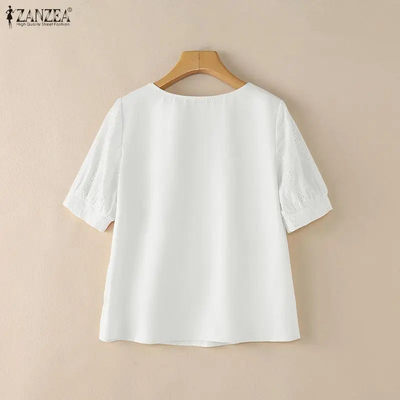 ZANZEA Openwork Embroidered Blouses for Woman Elegant Lace Trim Square Neck Tops Summer Feminine Short Puff Sleeve Blusas Mujer