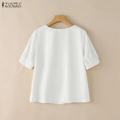 ZANZEA Openwork Embroidered Blouses for Woman Elegant Lace Trim Square Neck Tops Summer Feminine Short Puff Sleeve Blusas Mujer