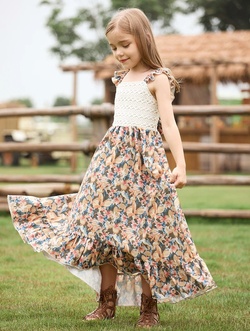 BIBIHOU Bohemian Style Dress for Girls Elegant Vintage Butterfly Costume Long dress Girls Clothes From 4 to 12 years old