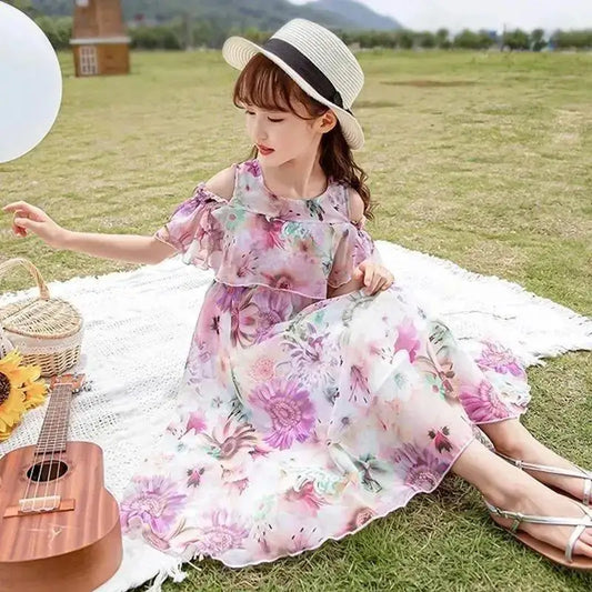 Thin Girl Summer Dress Robe Fille Floral Chiffon Princess Dress Children's Clothing Summer Girls Casual Dresses Kids Vestidos