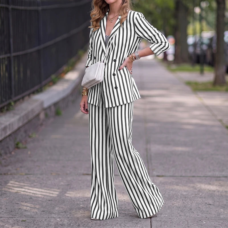 ZANZEA Casual Office Stripe Suits Women Striped Outfit Two Piece Vintage Long Sleeve Double Breasted Blazer Wide Leg Pants Sets