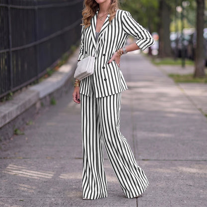 ZANZEA Casual Office Stripe Suits Women Striped Outfit Two Piece Vintage Long Sleeve Double Breasted Blazer Wide Leg Pants Sets
