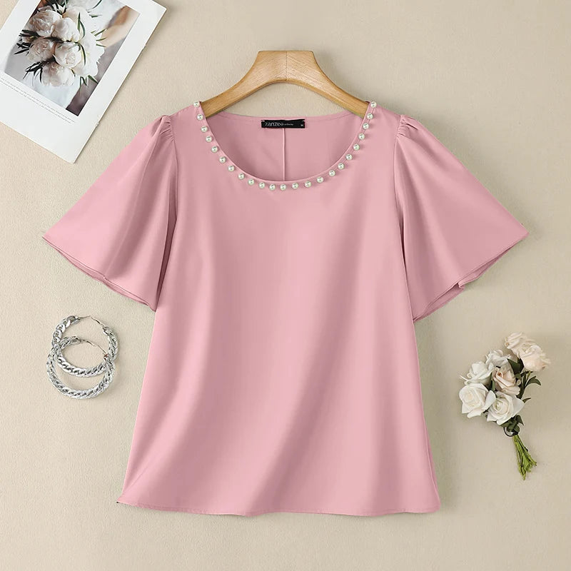 ZANZEA Women's Elegant Blouses Pearls Detailed O-Neck Short Sleeve Pullover Tops Summer Office Work Solid Color Blusas de Mujer