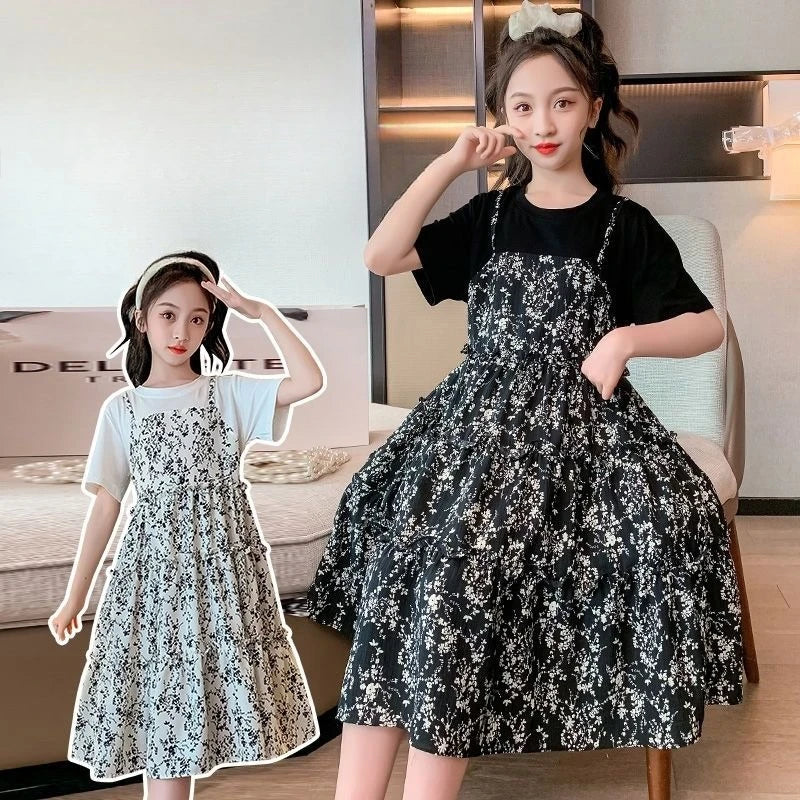 Floral Print Children's Round Neck Suit for Girls Dresses Costume Year Old Dress Sets From 8 12 Years Kids Girl Summer Princess