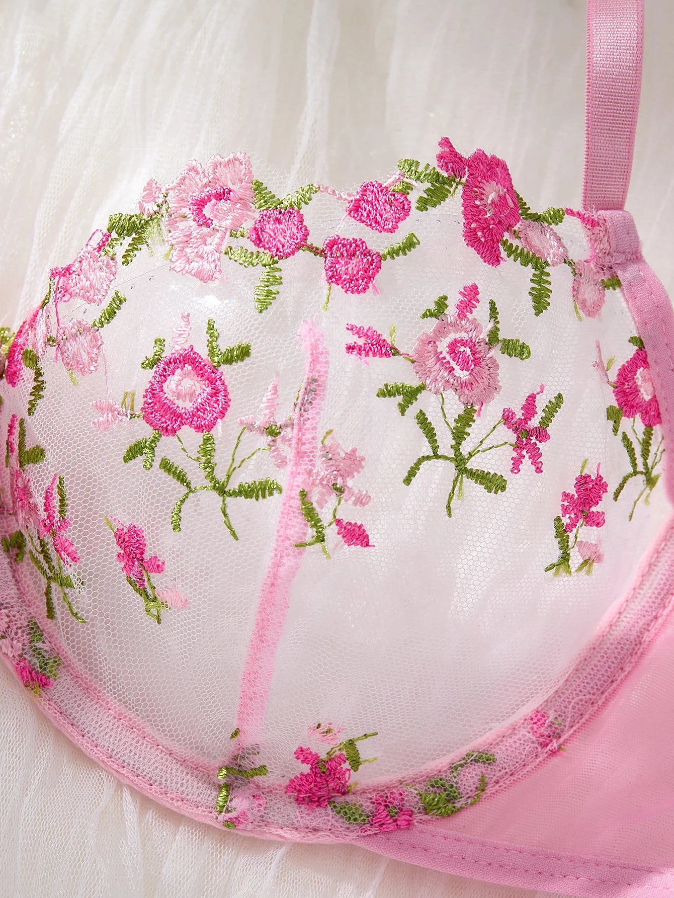 Pink Floral Embroidery Lingerie Set 2PCS Sheer Mesh Bra & Panty Women Sexy Underwear Gift ZA8240236