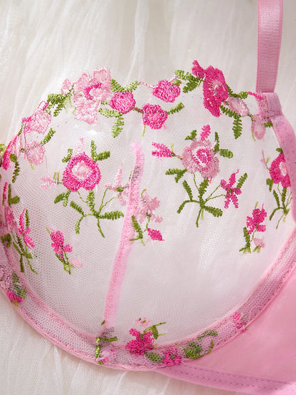 Pink Floral Embroidery Lingerie Set 2PCS Sheer Mesh Bra & Panty Women Sexy Underwear Gift ZA8240236