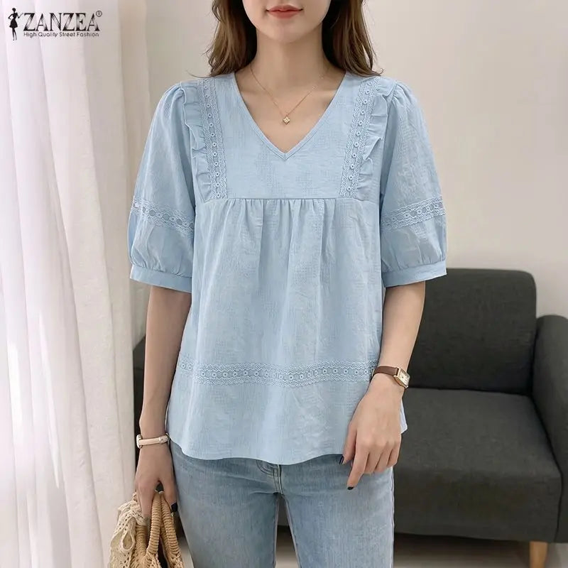 ZANZEA Women Blouse Lace Patchwork Tops Ruffles Tee Casual Summer V Neck Puff Half Sleeve Blusas OL Work Party Tunic Streetwear