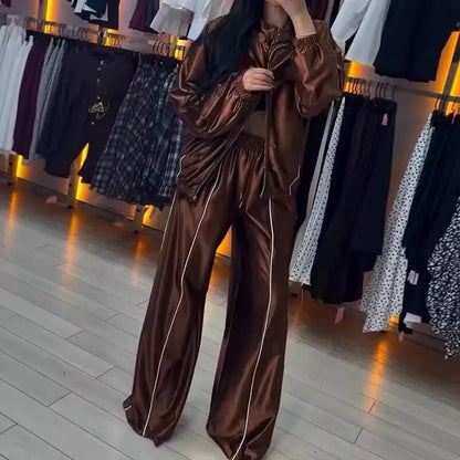 Satin Tracksuit Zip-up Set Long Sleeve Women's Jacket Wide Leg Pants Summer Lady Fashion Casual Daily Street Sportswear 2026 New