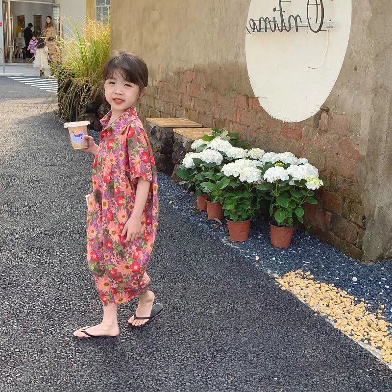 Summer Baby Girls Cotton Loose Short-Sleeved Single-breasted All-Over Floral Bodysuits Kids Jumpsuits Children Outfits 2-8 Years