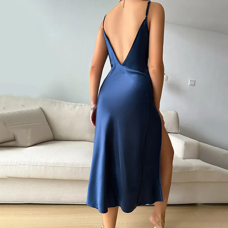 Solid Silk Satin Slip Nightdress, Draped Collar Split Backless Sleep Dress, Nightgown Women's Sleepwear & Dresses