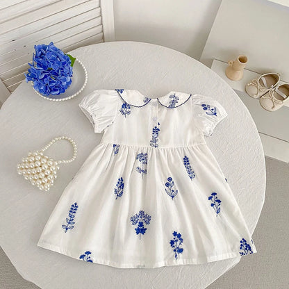 Summer New Style 2-6Y Girl Dress Short Sleeve Baby Clothes Children's Dress Korean Embroidered Girls Retro Sister Dress